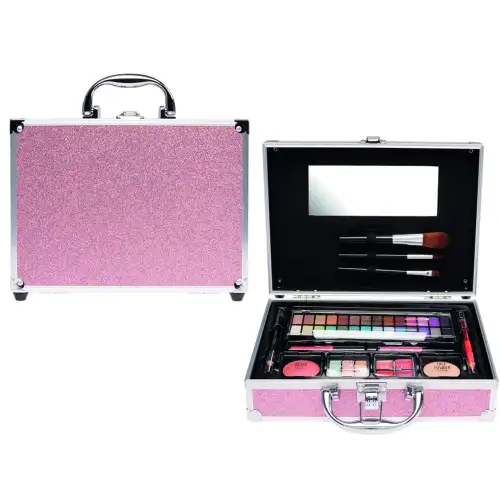 Set paleta machiaj tip geanta cosmetice Treffina 23,5 x 20 x 7,5 cm, trusa machiaj, light pink glitter